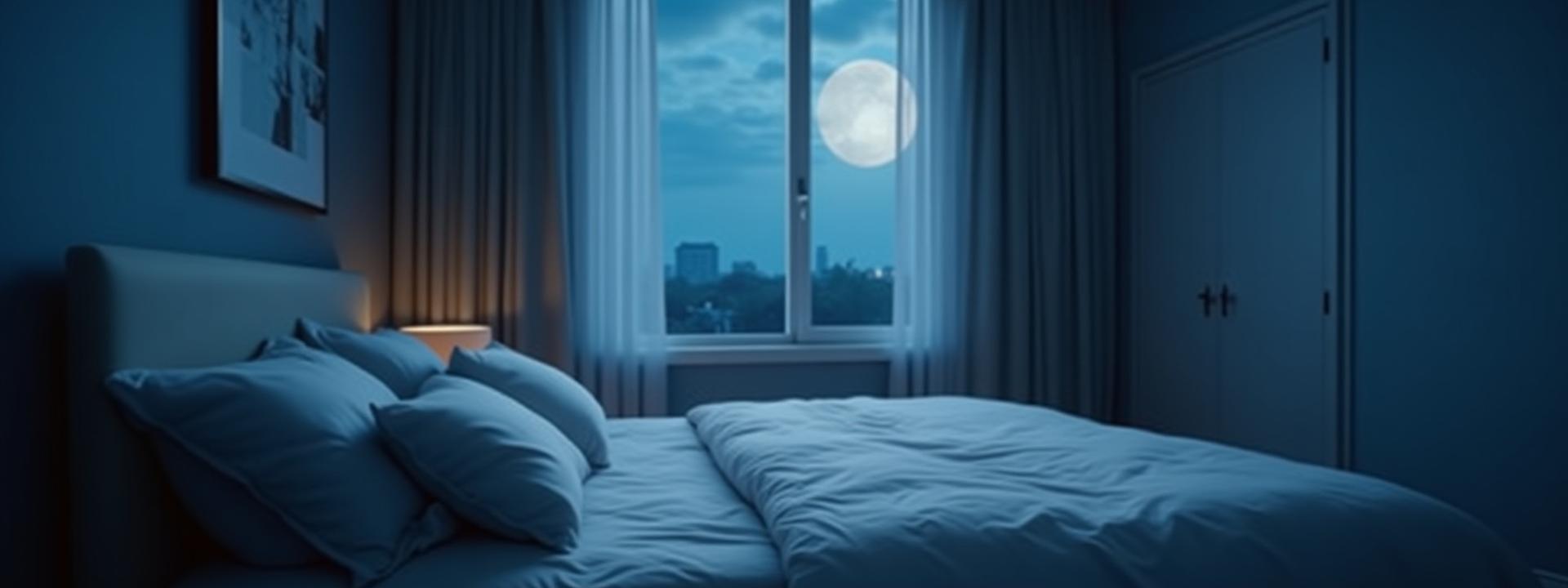 Calm, dark bedroom scene with moonlight gently entering through a window, creating a serene and peaceful atmosphere for sleep and recovery.